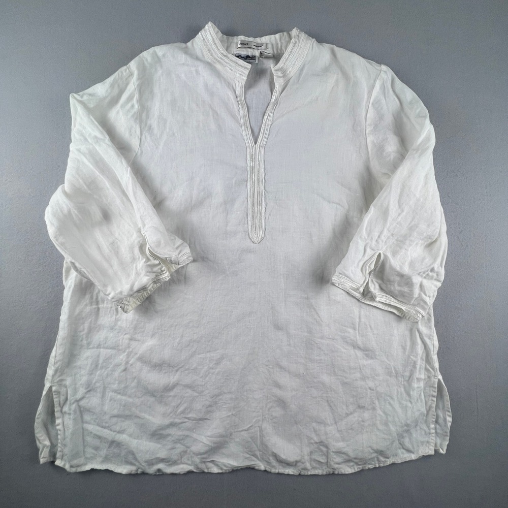 100% Linen Edward Woman Tunic Men 2X White Irish Linen Embroidered Beach Coastal